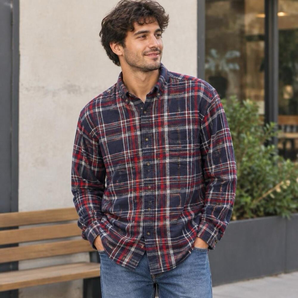Eddie Bauer Men’s XL Cotton Burgundy Plaid Flannel Button Up Shirt Preppy Fall